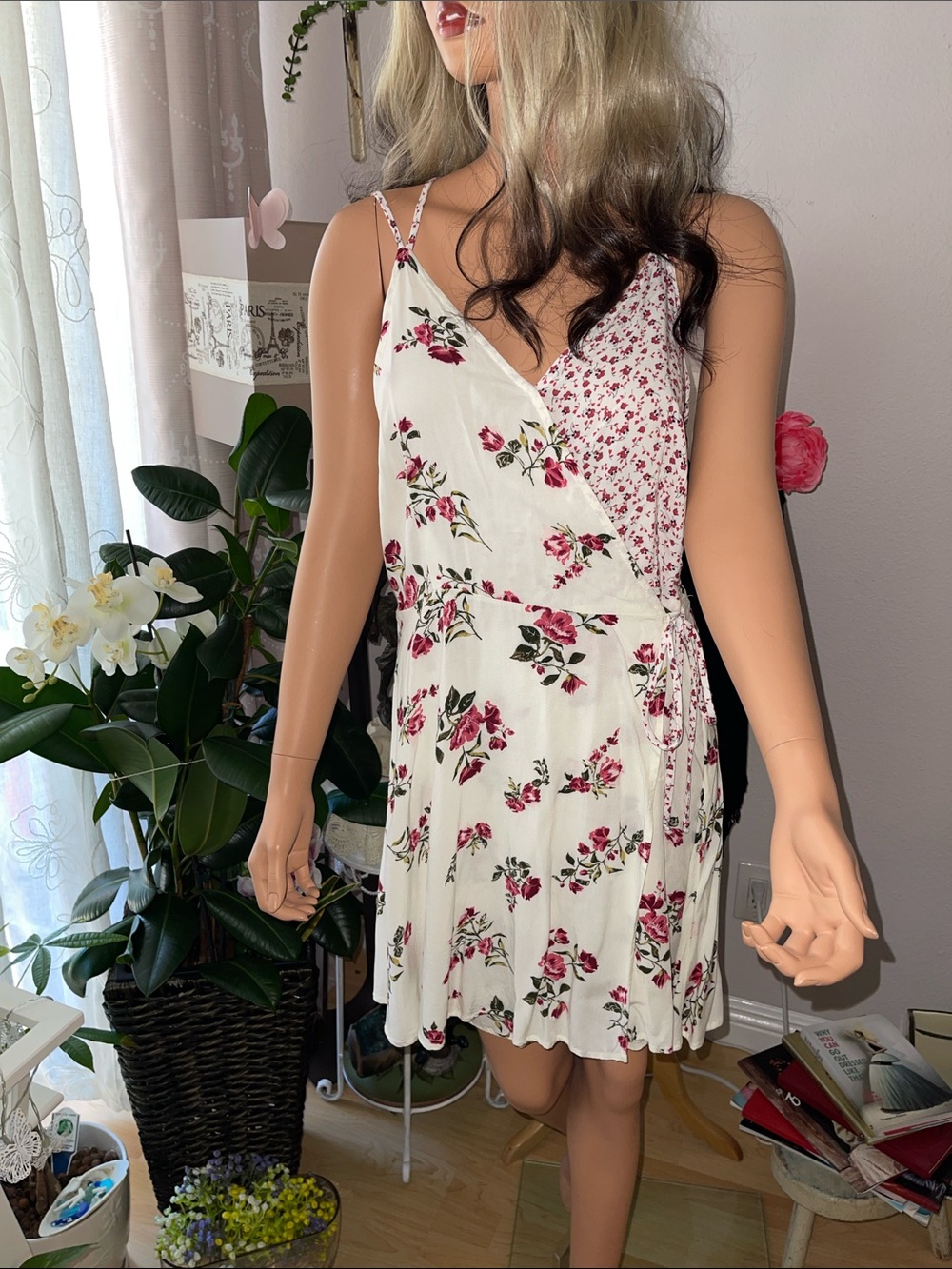 Floral Wrap Spaghetti-Strap Dress in White and Pink